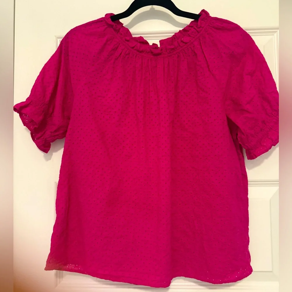 LOFT PINK EYELET RUGFLE COLLAR PUFF SLEEVE PEASANT BLOUSE EUC